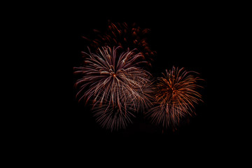Beautiful colorful fireworks display on the sea beach, Amazing holiday fireworks party or any celebration event in the dark sky.