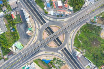 Naklejka premium Aerial view of highway junctions Top view of Urban city, Bangkok, Thailand.