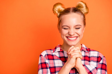 Close up photo attractive nice she her lady perfect appearance fingers crossed eyes closed wait...