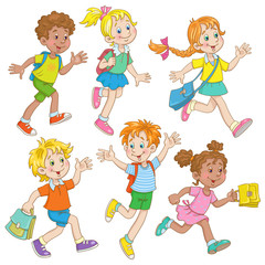 Children of different nationalities are running to school. In cartoon style. Isolated on white background.