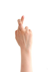 hand with crossed fingers on white background