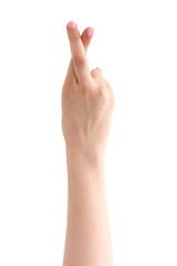 Obraz premium hand with crossed fingers on white background