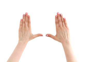 hands with splayed fingers on white background