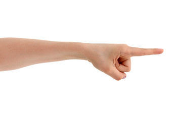 the hand points with the index finger to the right on white background