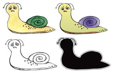 Set of grief funny cartoon snails. watercolor, contour, silhouette