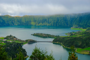 Fototapeta na wymiar Beautiful Landscape of Lagoon Sete Cidade, Sao Miguel Island, Azores, Portugal, Europe