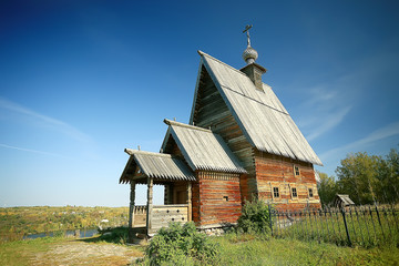 wooden church reach on the Volga / religion landscape in Russia