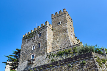 Medieval stone fortress with a tower in the town of Sorano in Tuscany, Italy.