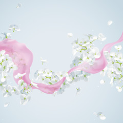 Summer wind - vector white apple blossom and pink silk ribbon - 272994025