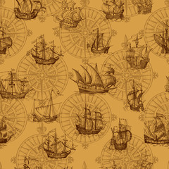 Old caravel, vintage sailboat. Monochrome Hand drawn sketch. Vector seamless pattern for boy. Detail of the old geographical maps of sea.