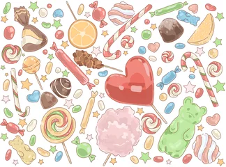 Foto op Aluminium Confectionery products, delicious desserts, caramel sticks, chocolate sweets, marshmallow, fruity marmalade, tasty lollipops set © Dzianis Vasilyeu