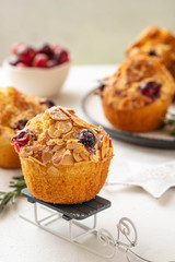 Christmas homemade cranberry muffins. Christmas cake on New Year's background. Copy space.