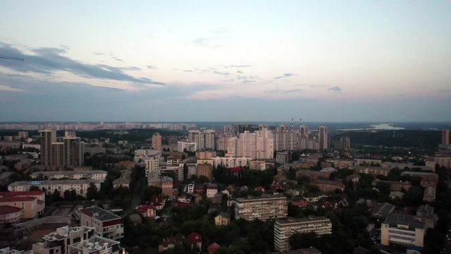 4K, Drone, Slow fly over Arial view of the buildings and skyline in Pechersk, Kyiv. Shot in early evening.