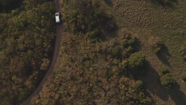 Tourist transport goes on winding dirt road. Journey passes through forest and overgrown with bushes area. Shooting from top air car driving in mountain. Travel destination. Tourism by van car. 