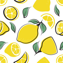 Lemon seamless pattern of color hand drawn fruits shapes