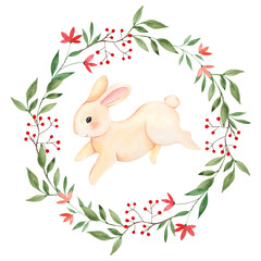 Cute forest bunny, watercolor illustration with animals and floral element isolated on white background