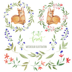 Cute forest deer, watercolor illustration with animals and floral element isolated on white background