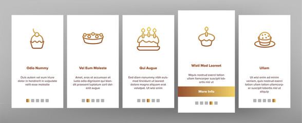 Sweet Cheesecakes, Bakery Vector Onboarding Mobile App Page Screen. Pastry. Birthday Party Cakes, Biscuits, Pies. Dessert Cookies. Confectionery Illustrations