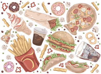Street meal, french fries, pizza, hamburger, takeaway service, coffee, hot dog, burrito, ice cream, quick lunch set