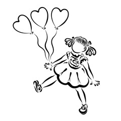 cute girl with heart shaped balloons, black contour