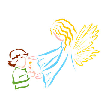 a child with burning candle in their hands and a guarding angel