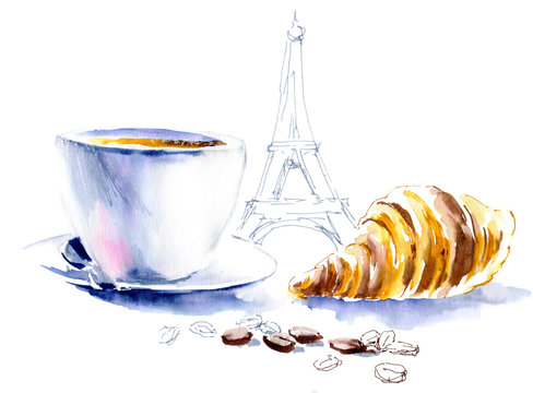 Hand painted illustration of Paris breakfast. Croissant, coffee, Eiffel tower are symbols of vacation in France. Design for card, poster, wallpaper. Watercolor markers.