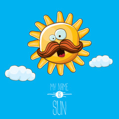 Naklejka premium vector funky cartoon style summer sun character on blue sky background. My name is sun concept illustration. funky kids summer character with eyes and mouth