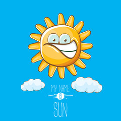 vector funky cartoon style summer sun character on blue sky background. My name is sun concept illustration. funky kids summer character with eyes and mouth