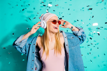 Close-up portrait of nice charming cute attractive lovely cheerful girl wearing sun eyeglasses...