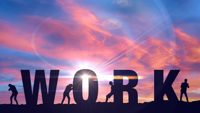 Workers struggle to move Work letters, making job done, completing task efforts