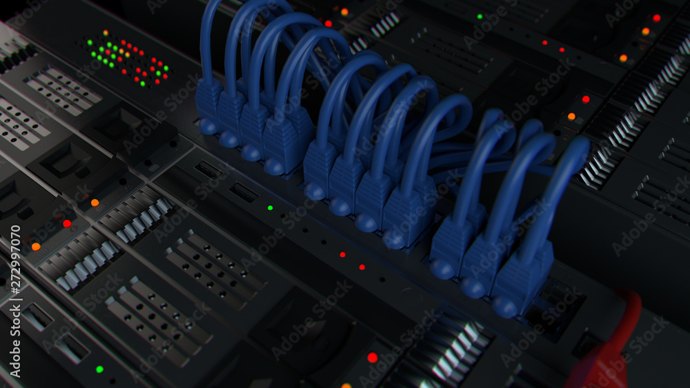 Aufkleber 3d render background with. technology theme. abstract detailed server rack.