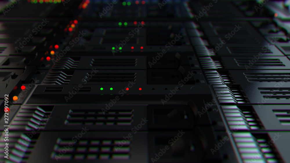 Poster 3d render background with. technology theme. abstract detailed server rack.
