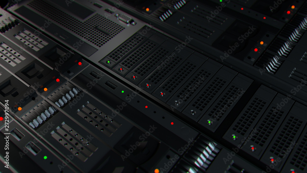 Poster 3d render background with. technology theme. abstract detailed server rack.