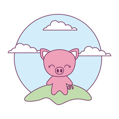 cute piggy animal in landscape natural isolated icon