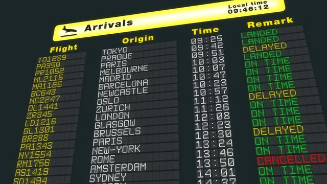 Airport table arrivals schedule, flying camera, international flights refresh
