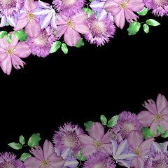 Beautiful floral background of clematis and thistle. Isolated
