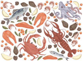 Raw fish, salmon fillet, octopus, mussels, gourmet dinner, lobster, crab, shrimps, lemon pieces, delicious seafood set