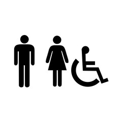 Symbol for men, women, people with disabilities, Black and white toilet sign on white background.