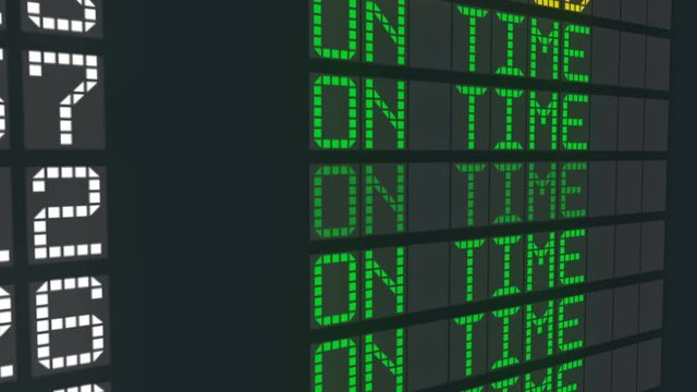 On time flight sign airport table, international arrivals schedule status change