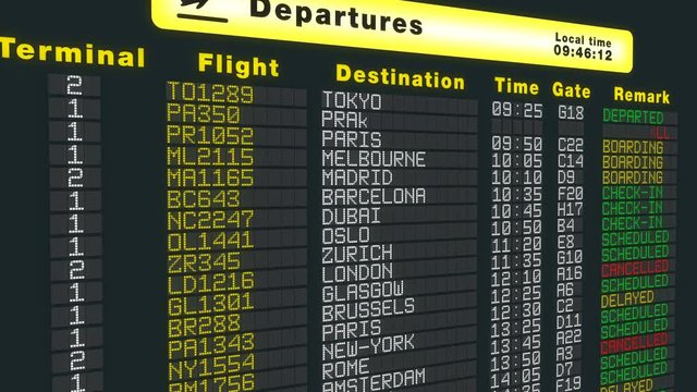 Airport table departures schedule, flying camera, international flights refresh