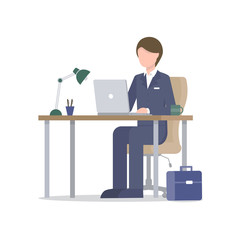 Business man with laptop at desk with suitcase