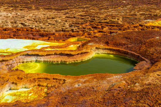 Dallol Sulphur springs and pools Danakil Depression Ethiopia.   The Sulphur springs create the unearthly colourful and beautiful landscape