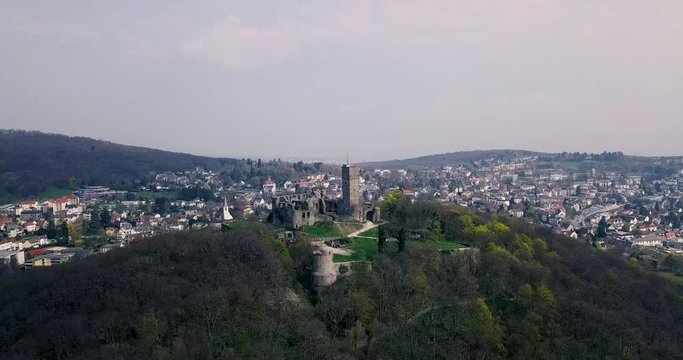 Drone video of the Burgruine Koenigstein castle in Konigstein im Taunus Frankfurt Germany