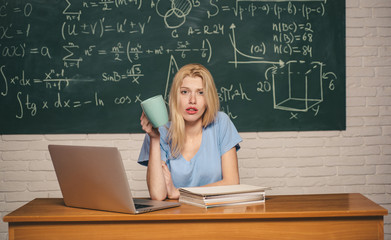 Back to school. Confident in her knowledge. Conflict situation. Desperate woman student classroom background. Human emotion attitude.