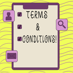 Word writing text Terms And Conditions. Business photo showcasing Legal Law Agreement Disclaimer Restrictions Settlement