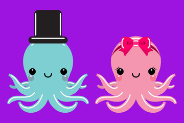 Cute octopus cartoon with ribbon and hat. Vector illustration