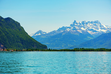 Naklejka na ściany i meble Beautiful view of the Alps on Lake Geneva at Montreux, Switzerland.