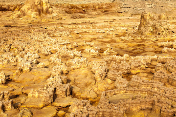Dallol Sulphur springs and pools Danakil Depression Ethiopia.   The Sulphur springs create the unearthly colourful and beautiful landscape