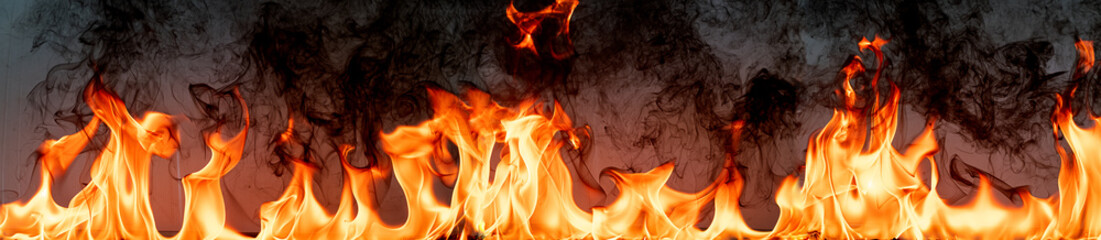 On fire flames with smoke at black background