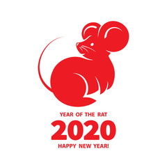 Rat is a symbol of the 2020 Chinese New Year. Holiday illustration of silhouette Zodiac Sign of red rat isolated on a white background. Vector element for banner, poster, flyer